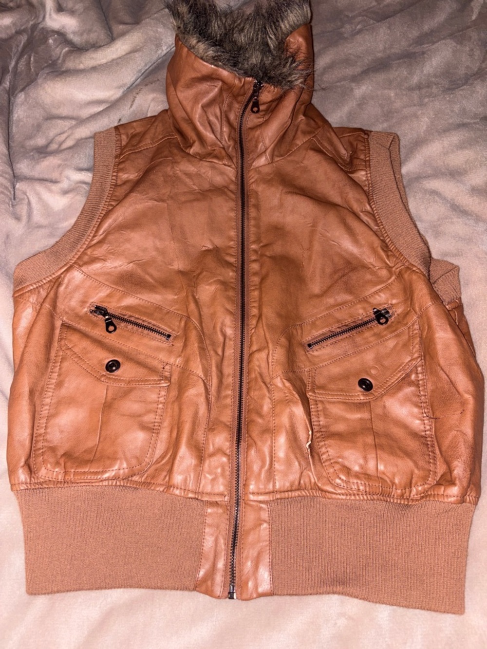 Dots Brown Quilted Jacket with Faux Fur Trim